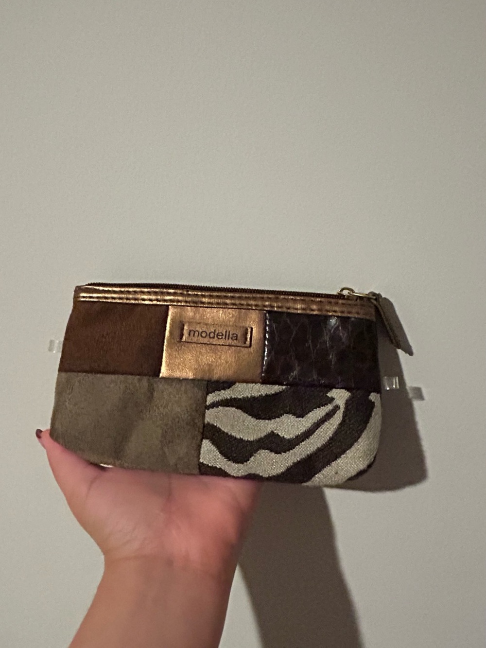 Modella Patchwork small makeup bag in Brown, Taupe & Gold